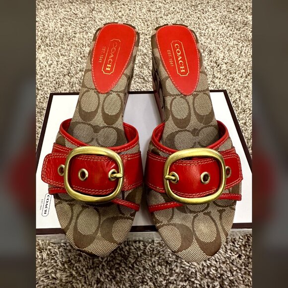 Y2K Coach Sandals Wedges Gretta Orange & Khaki Designer w/Box Vintage Fabric 8 - Picture 1 of 11